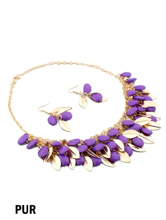 TWO TONE BEAD AND LEAF DESIGN NECKLACE WITH EARRING SET